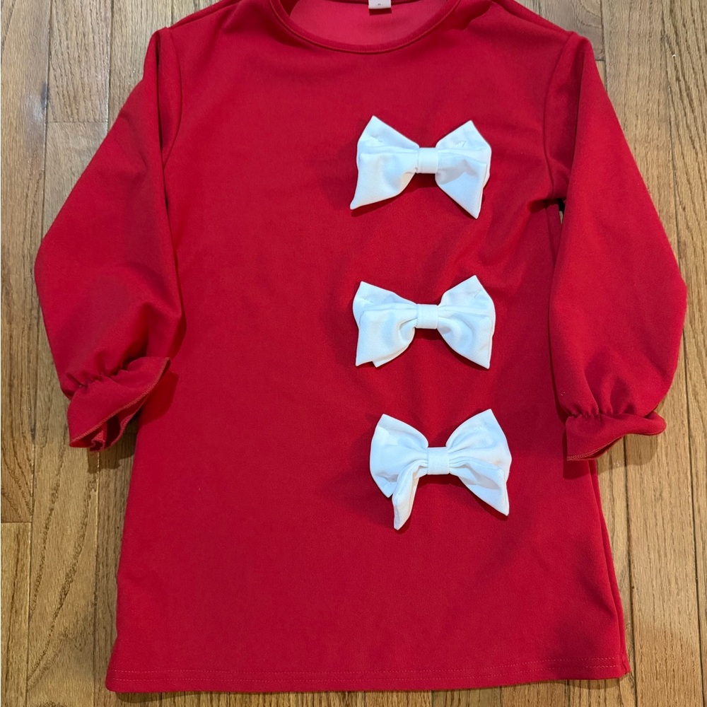 SHEIN Red Long Sleeve Girls Dress with White Bows